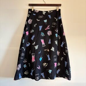 Vintage black fashion printed 100% linen midi skirt, Liz Claiborne, size 6